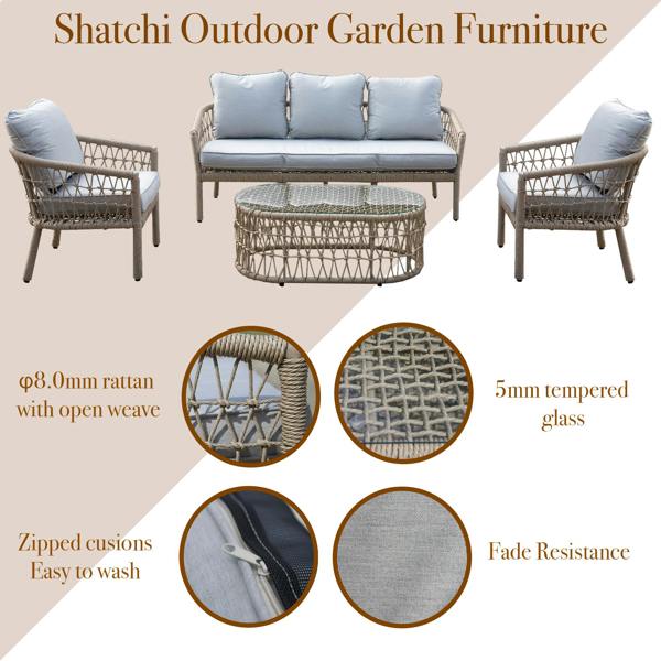 Shatchi Capri 5-Seater Natural Woven Rattan Garden Furniture Sofa Set with Open Weave Design & Coffee Table
