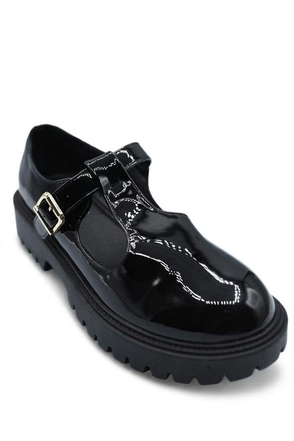 Danica T-strap Buckle Chunky Sole Shoes - Black Pat_wb
