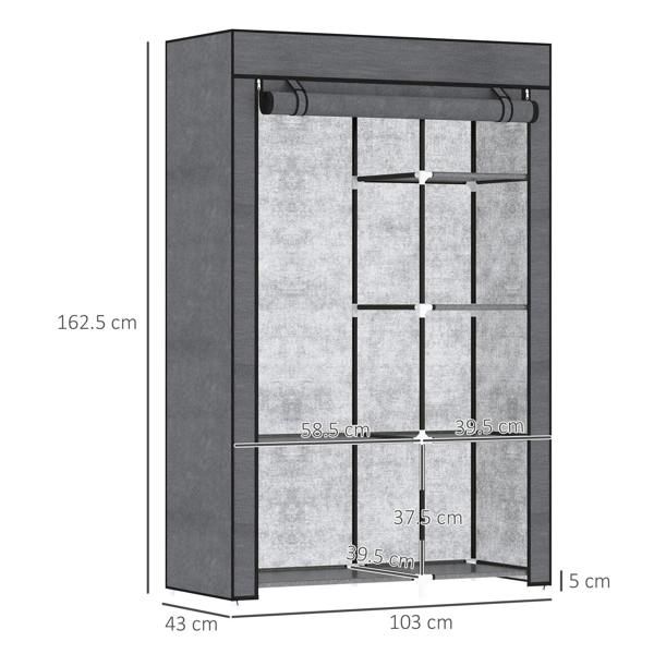 Dark grey fabric wardrobe with 6 shelves and hanging rail, with size outline markings.