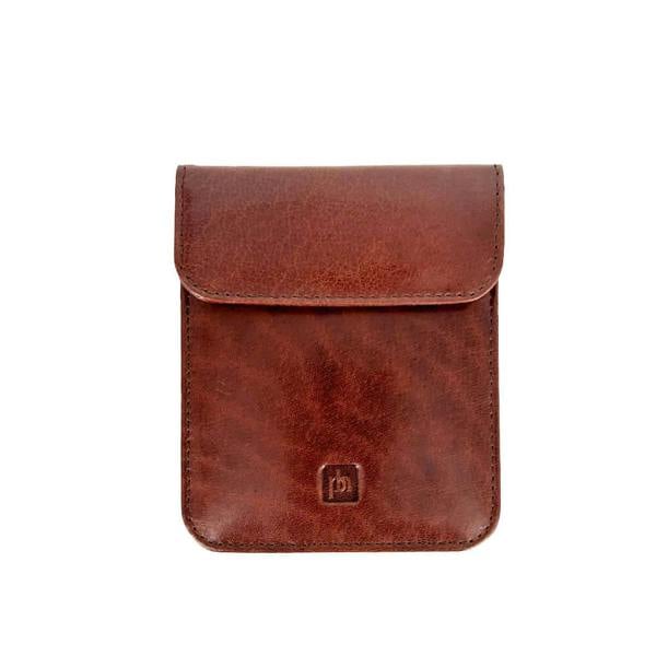 Brown leather car key pouch with a brand logo on a white background
