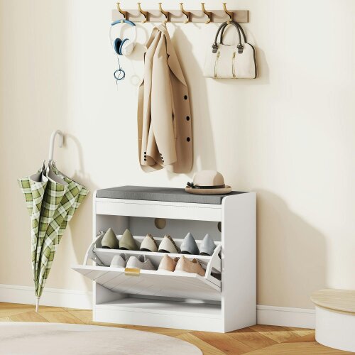 Wyld Haus Baniri White Wood and Grey Upholstered Entryway Shoe Bench With Flip Drawer