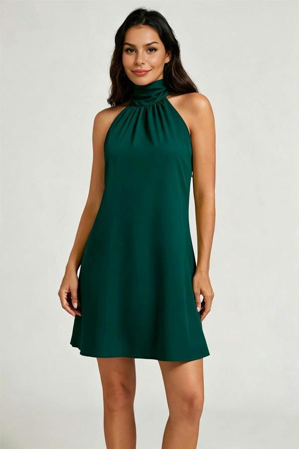 FS Collection Halter Neck Tie Back Mini Dress In Forest Green