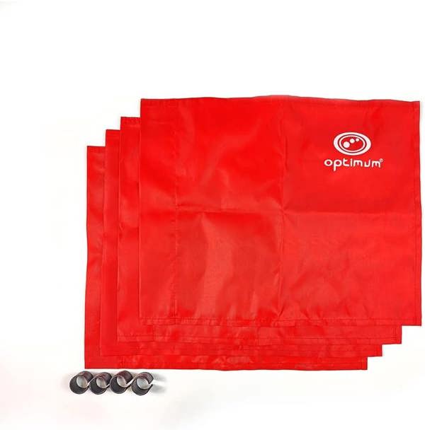Four stacked red Optimum corner flags with white logo and four dark clips on white - Optimum