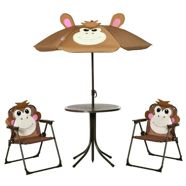 Kids outdoor folding table-and-chair set with monkey-shaped brown sun umbrella