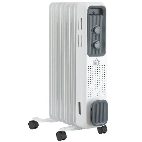 White oil-filled radiator heater with two control knobs and four rolling caster wheels