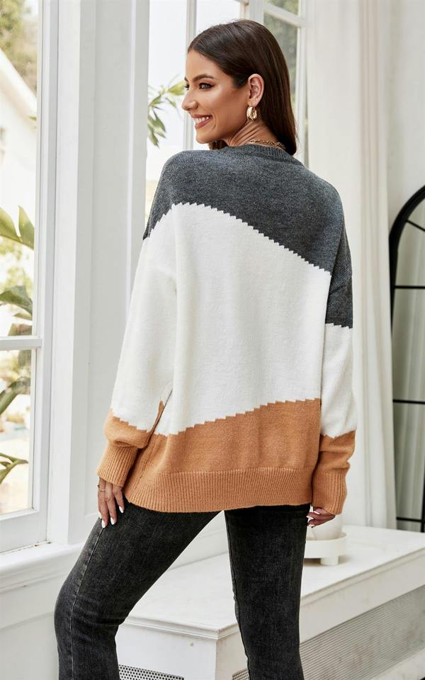 FS Collection Grey & Camel Block Colour Jumper Top In Beige