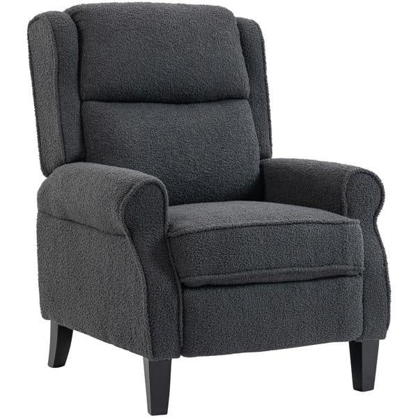 Dark grey recliner armchair with extended footrest, padded arms and cushioned seat