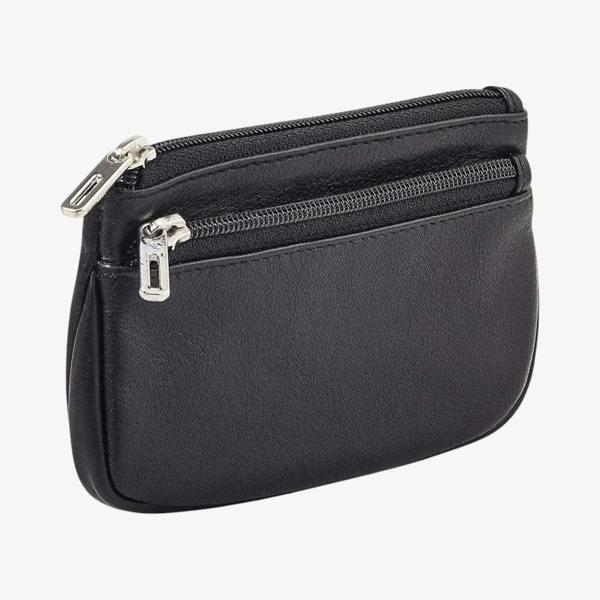 Black Leather Double Zip Coin Purse Front View