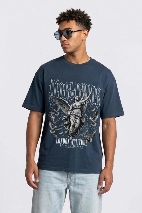 London Attitude Worldwide Angel Oversized Heavyweight Graphic T-Shirt - Blue Dusk