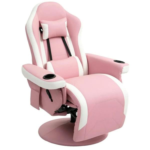 Pink PU manual recliner armchair with adjustable leg rest and curved armrests