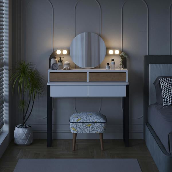 Decortie Lora Dressing Table 4-Led Lights Make-up Table Mirror 96x132cm 2-Drawer Soft-Close Storage Bedroom,Backstage