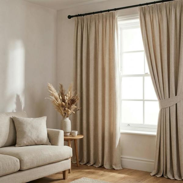 Sevilla made-to-measure curtains in Moon, styled in a living room