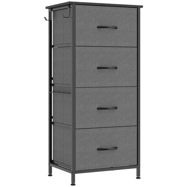Chest of Drawers, Dresser with 4 Fabric Drawers, 4 Pockets, 2 Hooks and Steel Frame, Storage Unit, Grey
