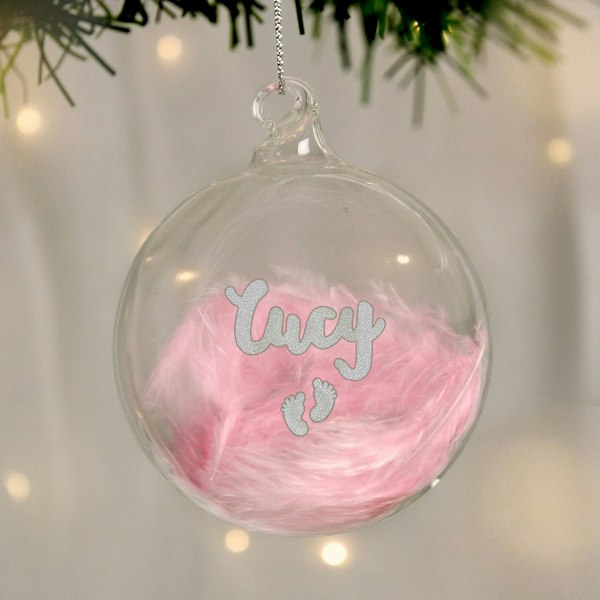 Personalised Memento Company Personalised Pink Feather Silver Footprints Glass Bauble
