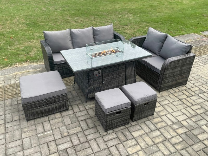 Fimous Garden Patio Furniture Wicker Rattan Gas Fire Pit Table and Sofa Chair set with 3 Footstools Dark Grey Mixed