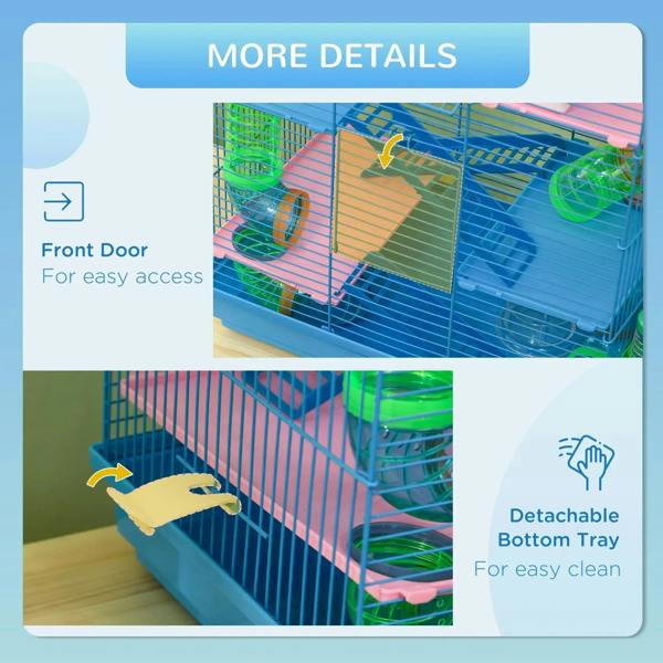 Blue wire pet cage with side front door and detachable bottom tray