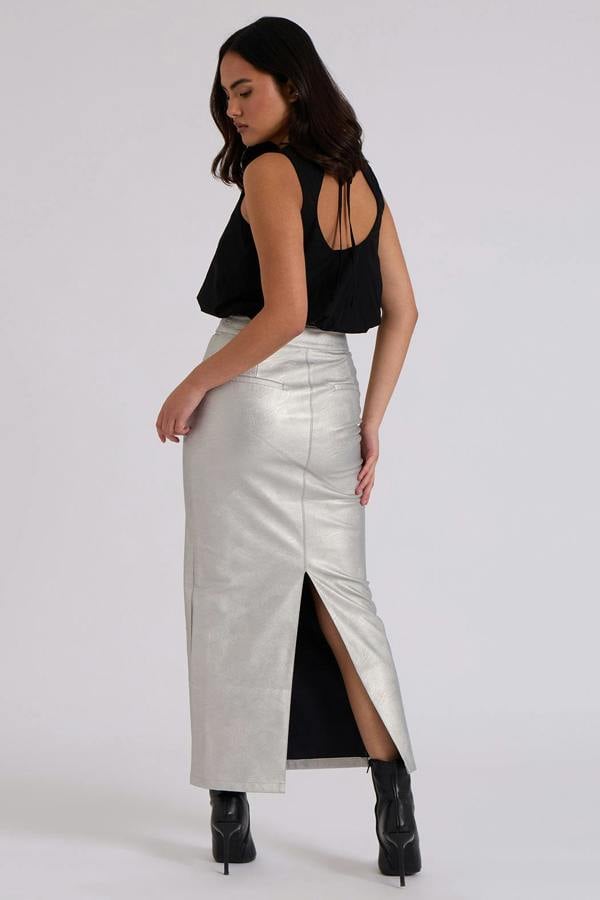 Urban Bliss Silver PU Split Back Maxi Skirt