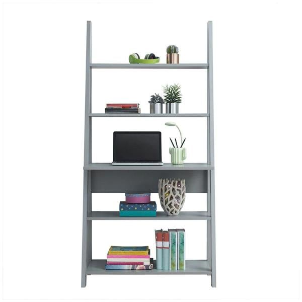 Timber Art Design Riva Ladder Bookcase with 5 Tier Shelves & Overhanging Desk Shelf