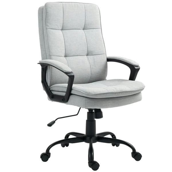 Grey linen-look office chair with double-padded seat and back, armrests, black caster base