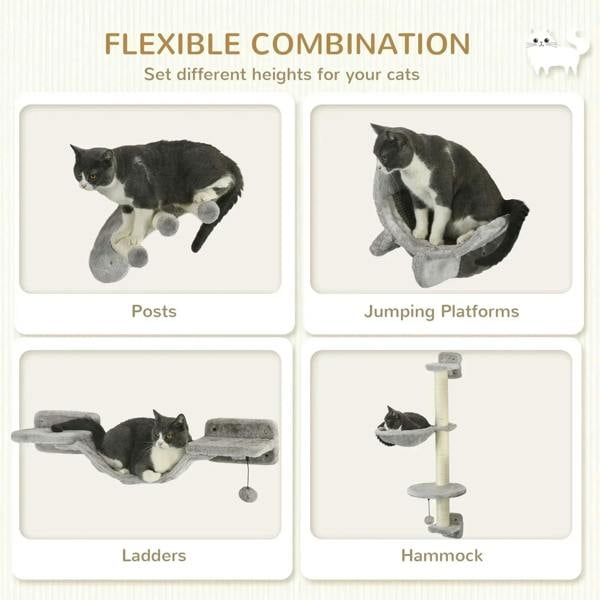 Grey wall-mounted cat tree showing posts, jumping platforms, ladders, and hammock pieces