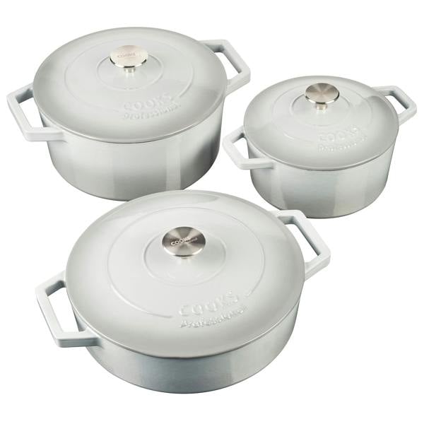 Cooks Professional Set of 3 Cast Iron Casserole | 20cm, 26cm and 28cm | Grey