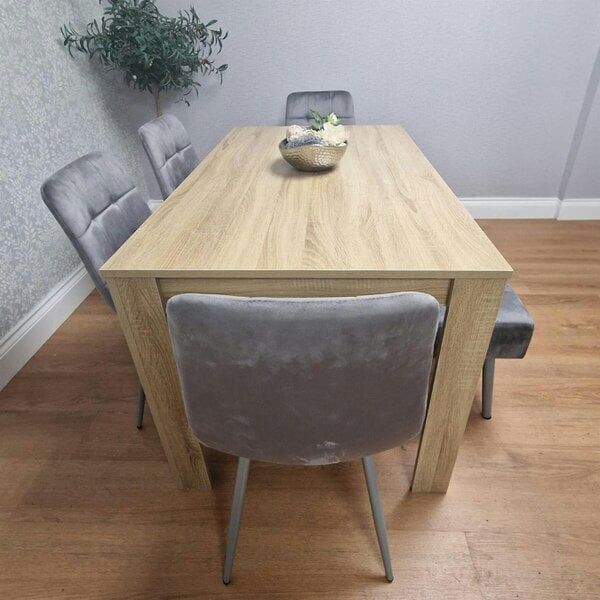Kosy Koala Oak Effect Dining Table Set With 4 Grey Velvet Chairs And Grey Velvet Bench Dining Room Furniture