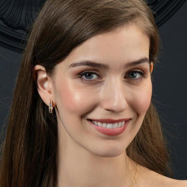 Gold Hoop Earrings with Rainbow Coloured Zirconia Stones - namana.london