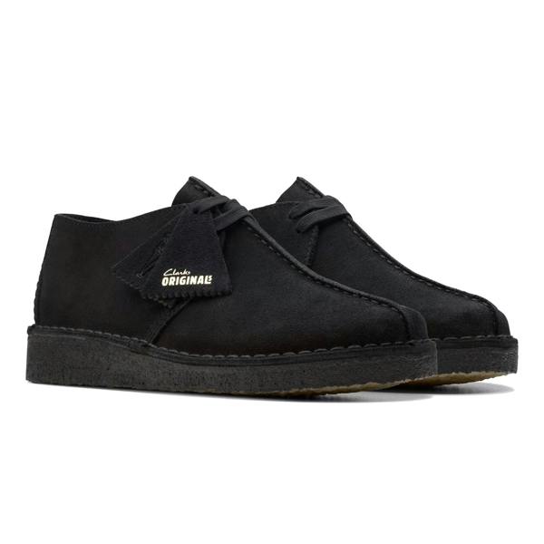 Black suede shoe with 'Clarks Originals' logo on a white background