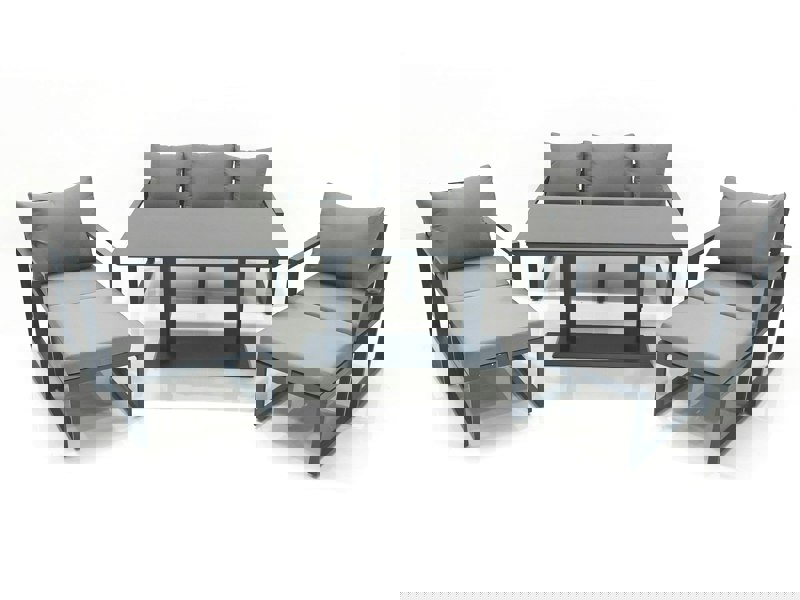 Fimous Outdoor Aluminium Garden Furniture Set with Adjustable Rising Lifting Dining Table 3 Seater Sofa 2 Chair 2 Big Footstools Dark Grey
