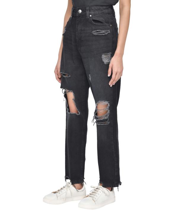 Smart Living Women's Casual Style High-Waist Torn Hem Rip Mom Jeans - Black