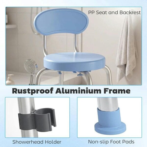 360° Swivel Shower Stool with Aluminium Frame, 5-Level Adjustable Height, Backrest, Non-Slip Shower Chair for Elderly