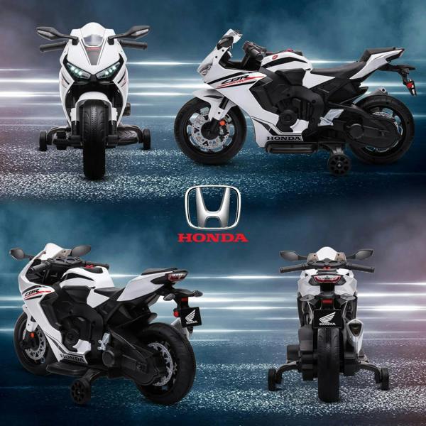 White kids ride-on motorcycle multi-angle views with training wheels, front and rear