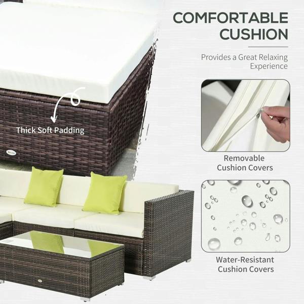 Brown rattan corner sofa with thick cream cushions and lime green cushion cover