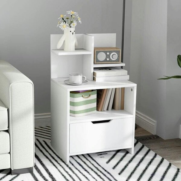 Bobobiy Modern Bedside Table, Nightstand with Drawer, Shelf, Bedside Cabinet for Bedroom, Living Room, White - White