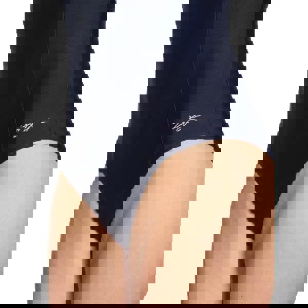 Zoggs Zephyr Dakota printed crossback swimsuit in navy blue with logo