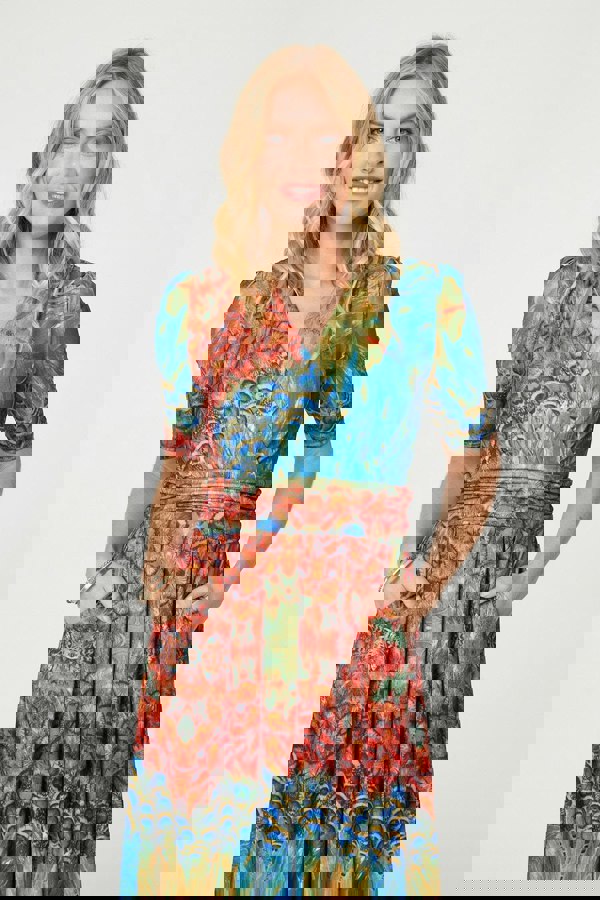 Blue | Printed Ruched Waist Faux Wrap Midi Dress
