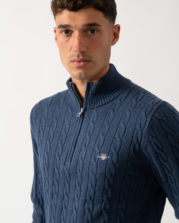 GANT Mens Cotton Cable Half Zip Jumper - 902 Dark Jeansblue Melange