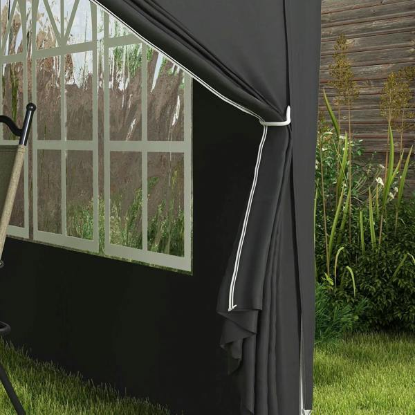 Black gazebo side window panel with attached curtain edge and tie trim detail