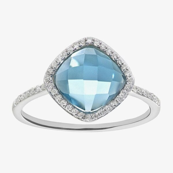 T. H. Baker 9ct White Gold Cushion Cut Blue Topaz Diamond Set Shoulder Ring DR1503W BT