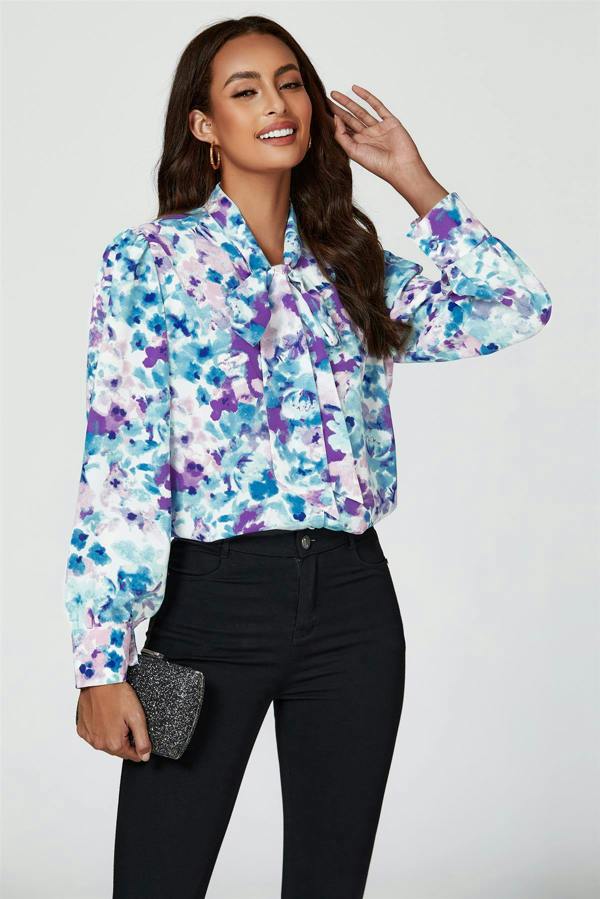 FS Collection Abstract Floral Print Tie Detail long sleeve Blouse Top In Blue