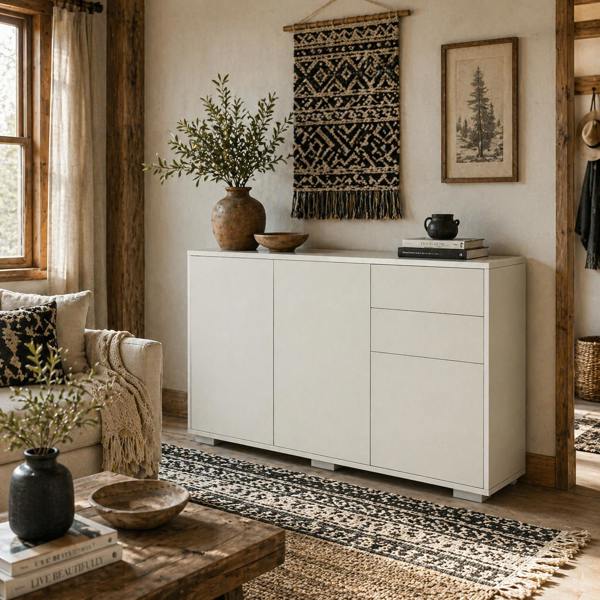Wyld Haus Talu High Gloss White Large Sideboard With 2 Drawers And Double Cabinets