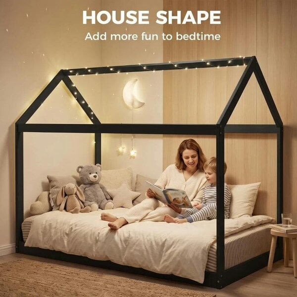 Single Bed Frame, House-Scandinavian-Style Wooden Bed Frame for 90W x 190D cm Mattress, Black