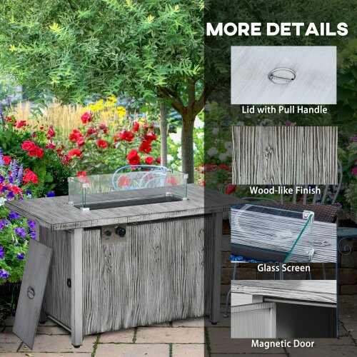 Wyld Haus Zisefasu Steel Grey Wood Effect Gas Fire Pit Table with Cover And Glass Screen