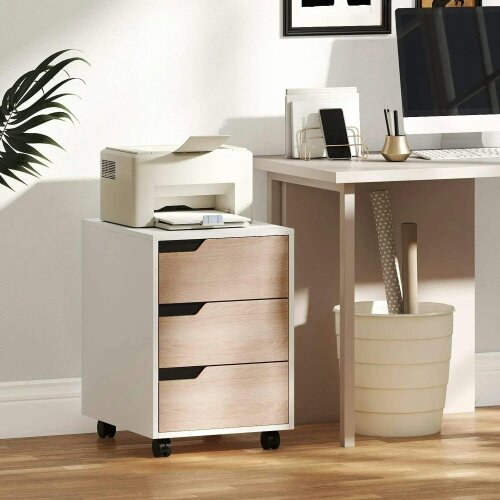 Bobobiy 3 Drawer Mobile File Cabinet, Vertical Filing Cabinet with Wheels for Home Office, Oak