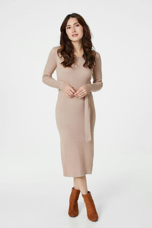 Beige | Long Sleeve Knit Bodycon Midi Dress