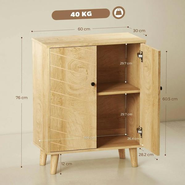 Natural wood cabinet with open double doors and two interior shelves, pine legs