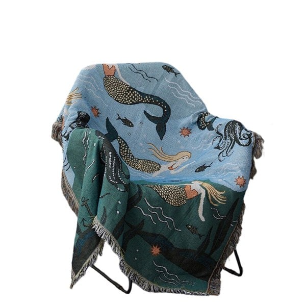 Anyhouz Anycozy Throw Blanket Blue Faux Cashmere Sofa Cover Mermaid Pattern Tassel Soft Picnic Camping Mat 160*260cm