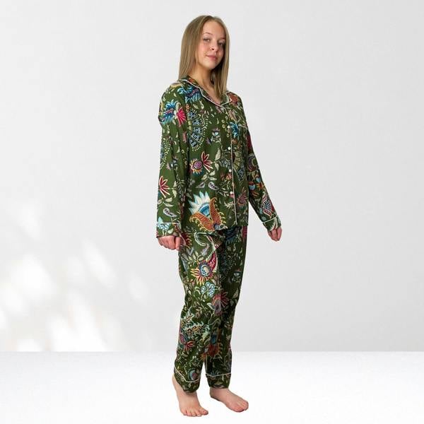 Hayley & Co Green Block Print Floral 100% Cotton Long Pyjama Set