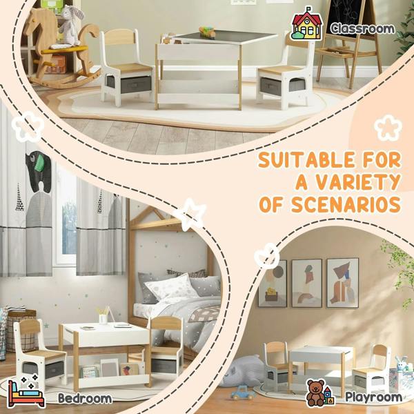 Three-piece kids table and chairs with shelves and storage drawers in a room
