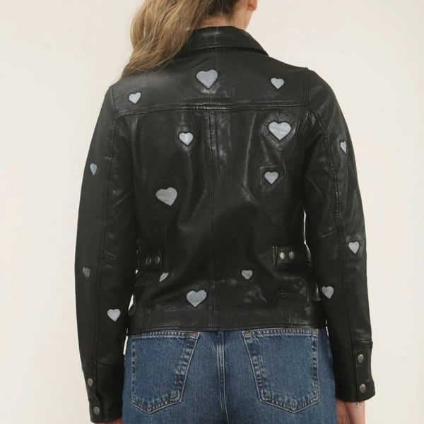 Leather Company Women's Real Leather Shirt Collar Heart Print Jacket